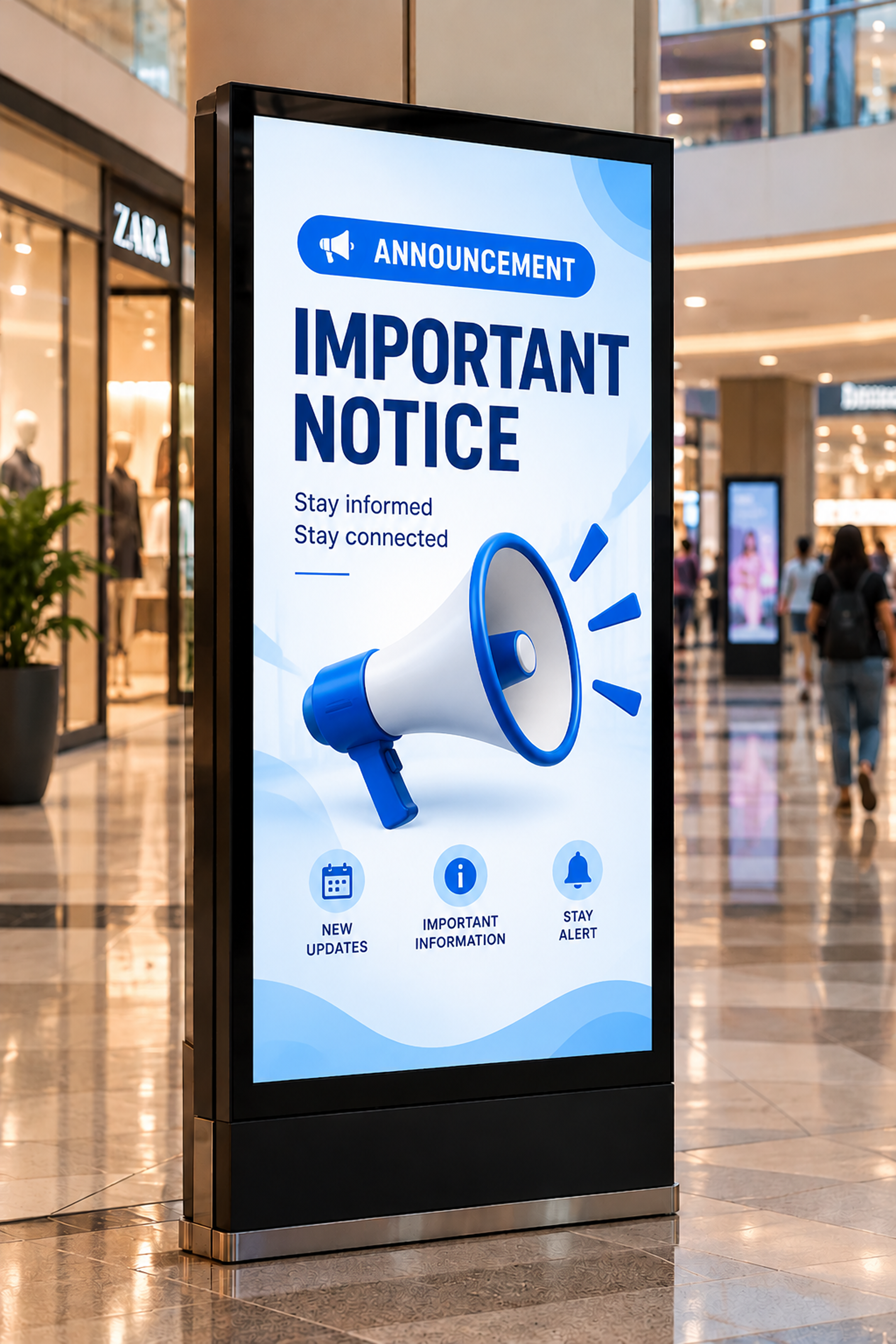 An announcement on a digital screen